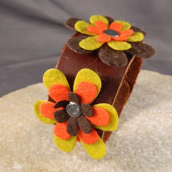 Orange Yellow and Brown Flower Leather Bracelet